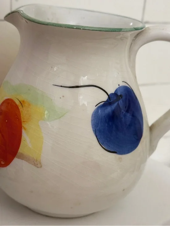 Hand-Painted Ceramic Fruit Pitcher in White with Blue and Orange Accents - Picture 2 of 7